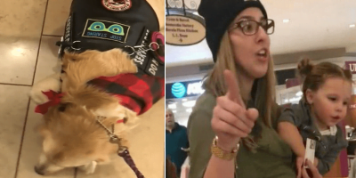 Entitled mother talks to security after a stranger refuses for her kid to pet the service dog. Entitled mother talks to security after a stranger refuses for her kid to pet the service dog.