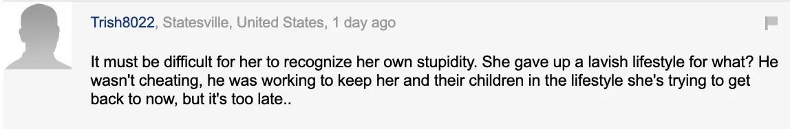 A reader's comment on Kevin Costner winning in the child support battle with his wife, Christine Baumgartner, on September 2, 2023 | Source: Daily Mail