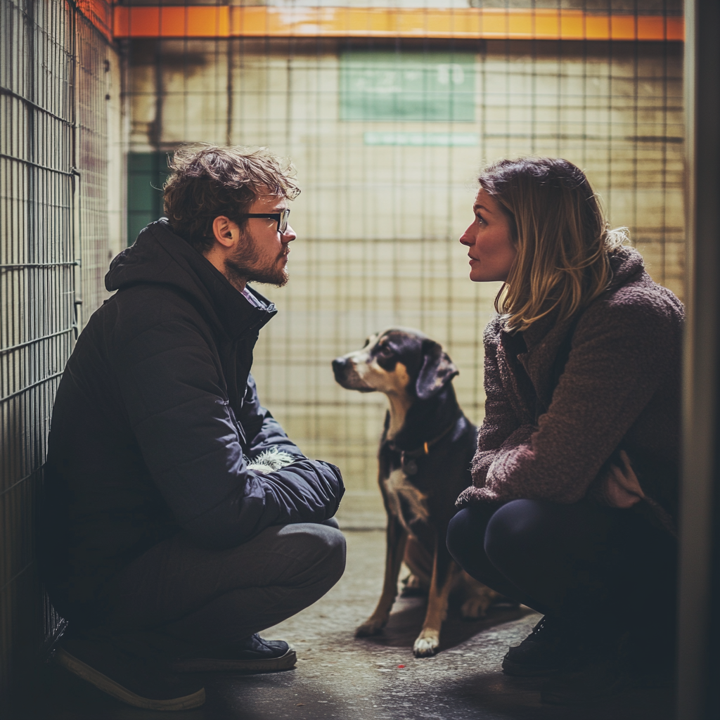 A couple having a slight disagreement at a dog shelter | Source: Midjourney