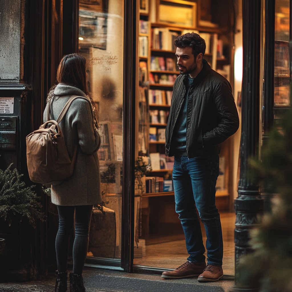 A mean-looking man in smart casual attire talking to a woman outside a bookstore | Source: Midjourney