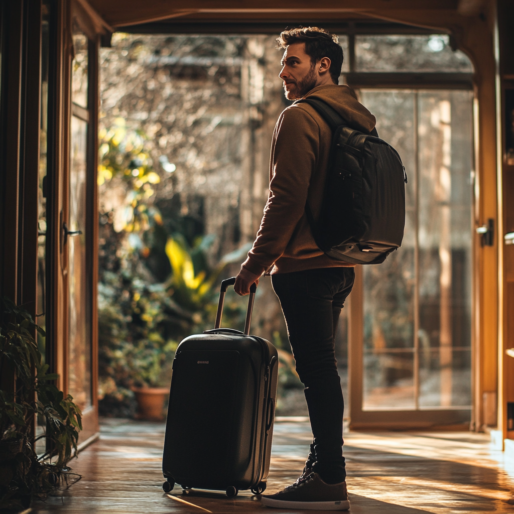 A man standing next to his suitcase inside his house | Source: Midjourney