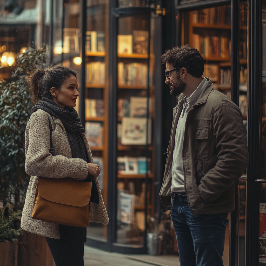 A woman speaking to a mean-looking man outside a bookstore | Source: Midjourney